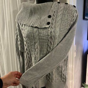 Medium Gray Asymetrical Side Button Cowl Neck Sweater